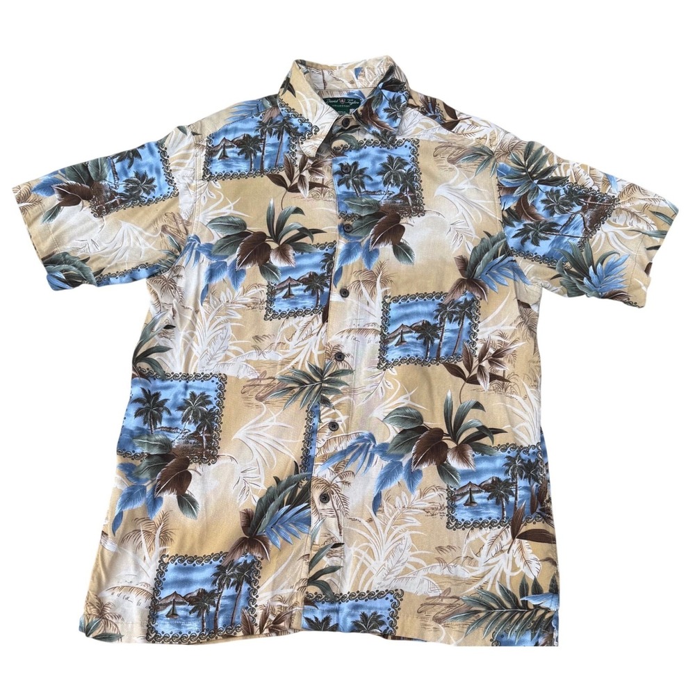David Taylor Hawaiian Shirt Tropical Palm Tree Print Tan Blue Mens Size Medium